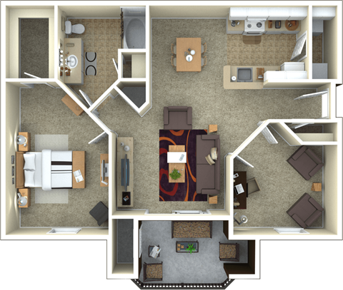 Floor plan for 1 bed, 1 bath, 932 sqft